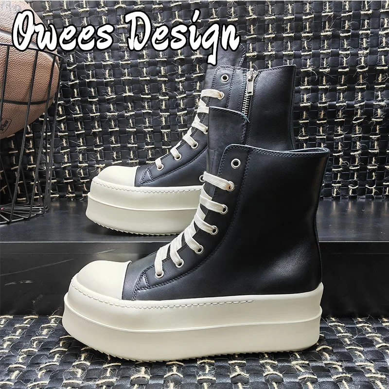 Owees Design Men's Shoes Women's Sneakers Platform Increase Hip Hop Ankle Boots Hip Top Real Leather Casual Shoes Couple Shoes