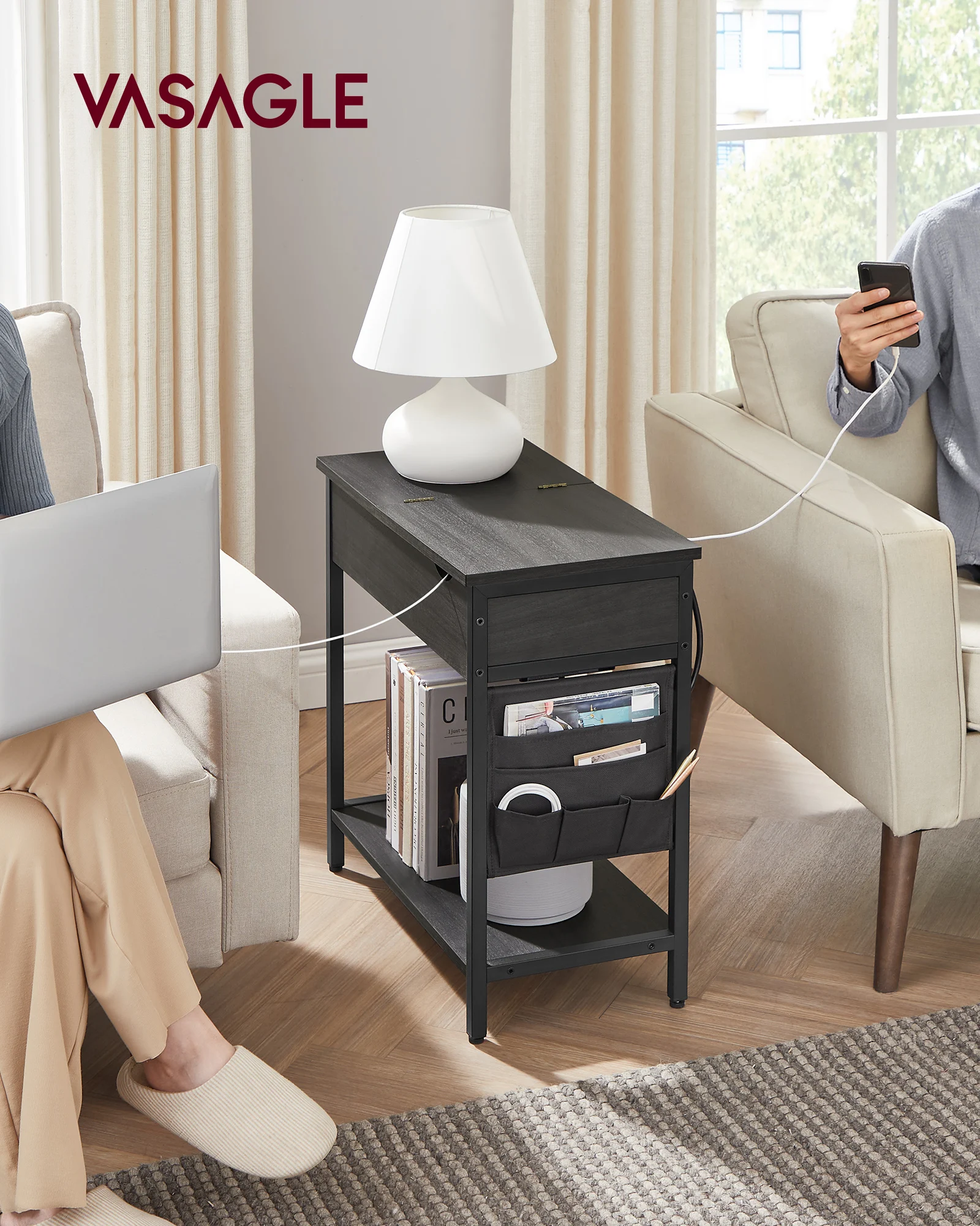 VASAGLE Side Table with Storage, End Table with USB Ports and Outlets, Nightstand with Charging Station, Fabric Bags