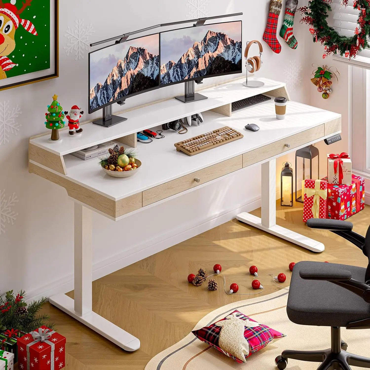 

Standing Desk with Drawers, 55x23.6 Inch Electric Stand Up Desk with Storage Shelf and Memory Controller, Sit Stand Desk