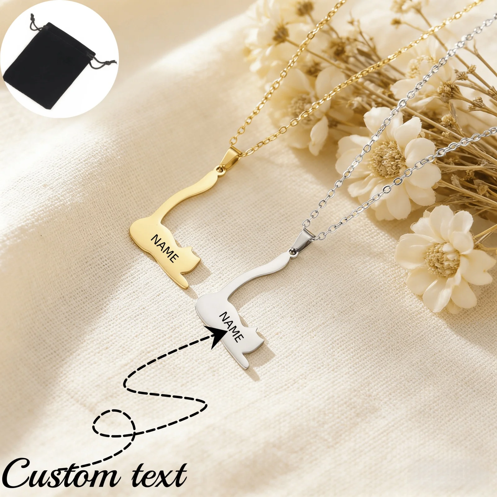 Customized Name Text Long Tail Lying Cat Necklace Stainless Steel Cat Enthusiast Hollow Animal Necklace Simple Jewelry