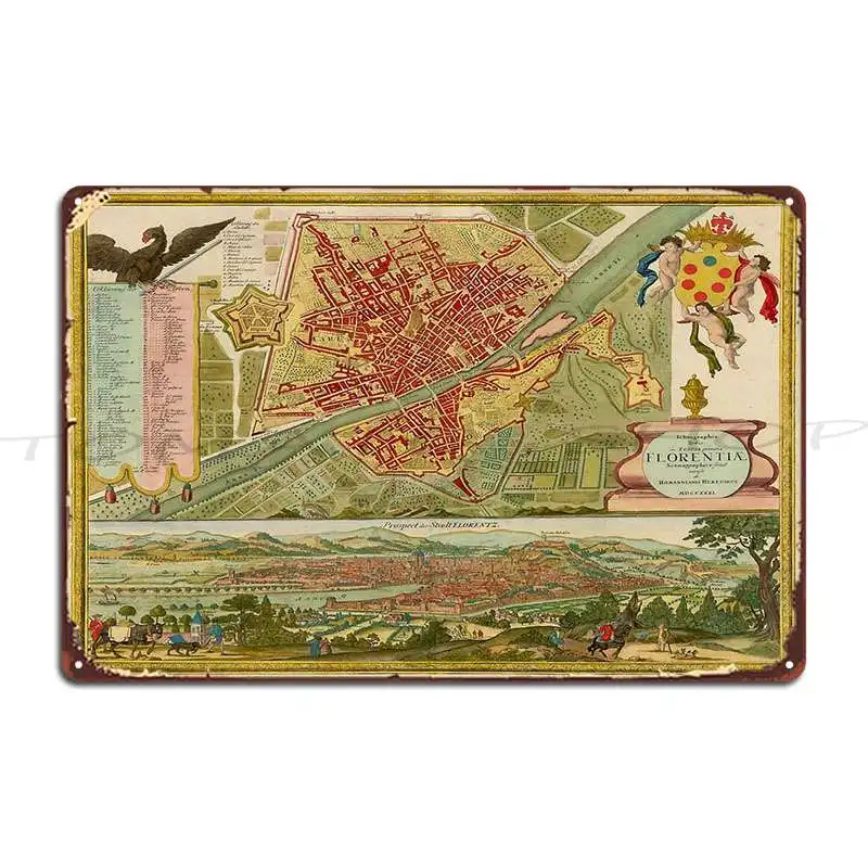Vintage Map Of Florence Italy 1731 Metal Plaque Poster Cave Decoration Painting Personalized Tin Sign Poster