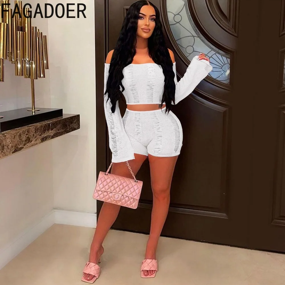 FAGADOER Sexy Knitting Hollow Out Shorts Two Piece Sets Women Off Shoulder Crop Top And Shorts Outfits Female Solid 2pcs Suits