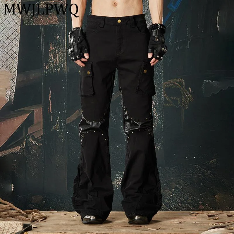 

MWJLPWQ Men's New Punk Y2K Flared Pants Dark Style Patchwork Rivet Deconstructed Slim Unisex Trousers Spring Autumn Tide 13488
