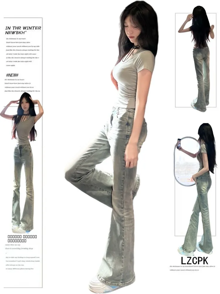 

Американские джинсы-клеш с высокой талией для женщин, эластичные хлопковые джинсовые брюки, осенняя коллекция, модные, стройнящие, эластичные, длинные...