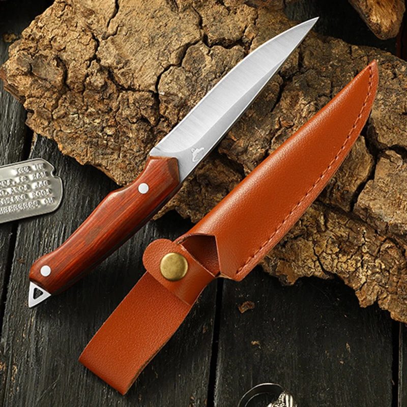 Stainless Steel Wooden Handle Knife, Portable Sharp High Hardness Fruit Knife, Outdoor Camping Tools Straight Knife With Sheath