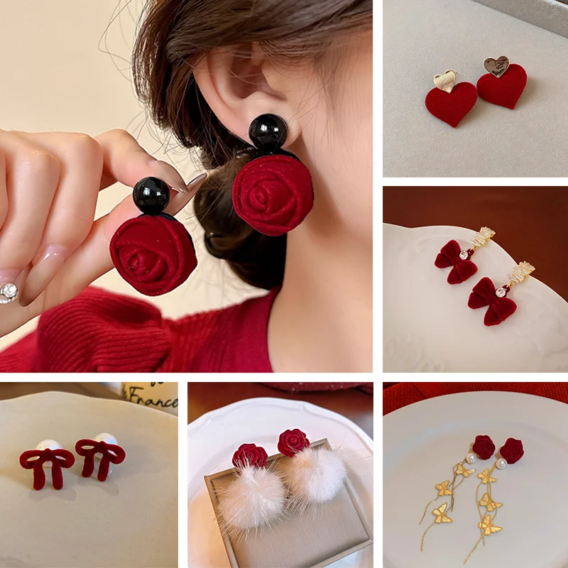 Red Velvet Imitation Pearl Bow Flower Drop Earring Retro Gentle Temperament Alloy Earrings For Women Party Jewelry Accssory Gift