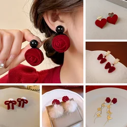 Red Velvet Imitation Pearl Bow Flower Drop Earring Retro Gentle Temperament Alloy Earrings For Women Party Jewelry Accssory Gift