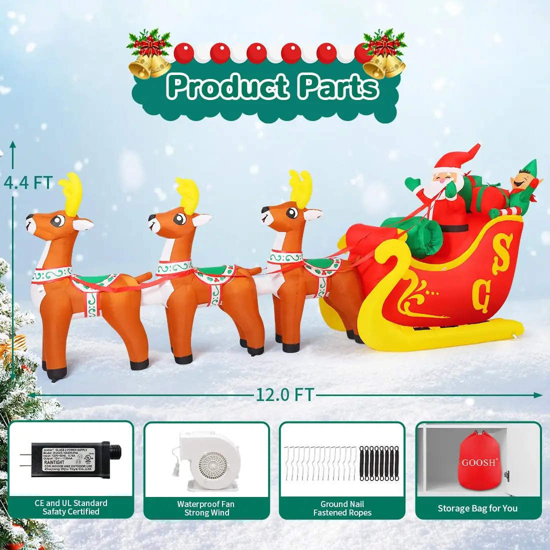 12 FT Santa Sleigh Inflatable, Inflatable Santa Sleigh and Reindeer, Outdoor Christmas Decorations Clearance with LED Lights