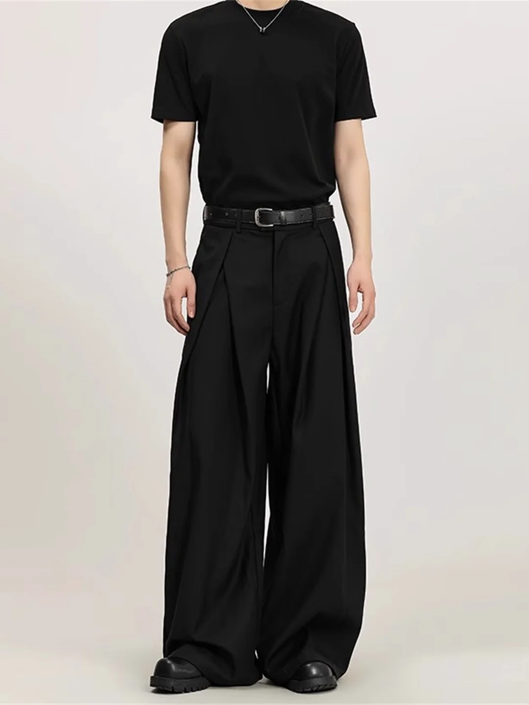 Black A-Line Pleated Men's Casual Commuter Wide Leg Pants Polyester Fabric Slightly Stretchy mid Waist Loose Fit Straight Leg
