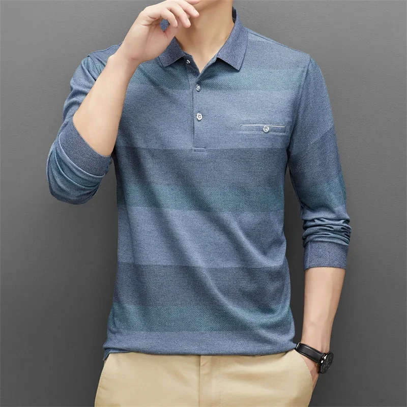 New Men\'s Casual Stripe Plaid Long Sleeve Polo Shirt Fashion Solid Polo Top