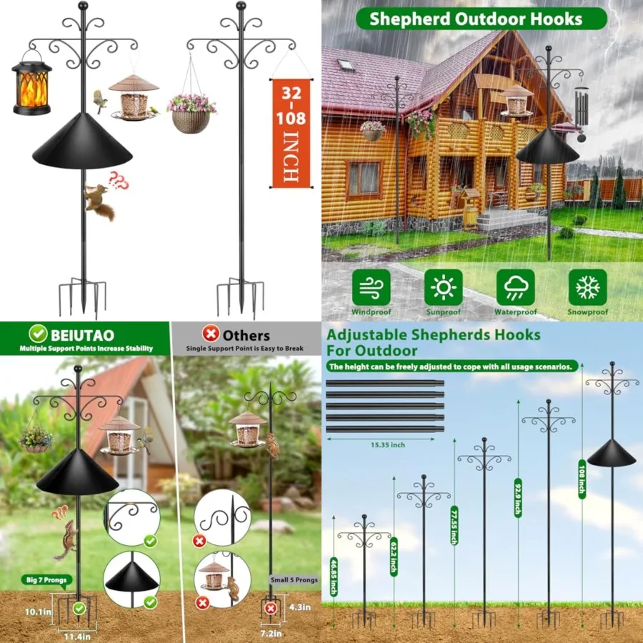 

Bird Feeder Pole for Outdoors Heavy Duty Squirrel Proof, Adjustable Tall Shepherds Hooks for Outdoor with 7 Prongs Base, Double