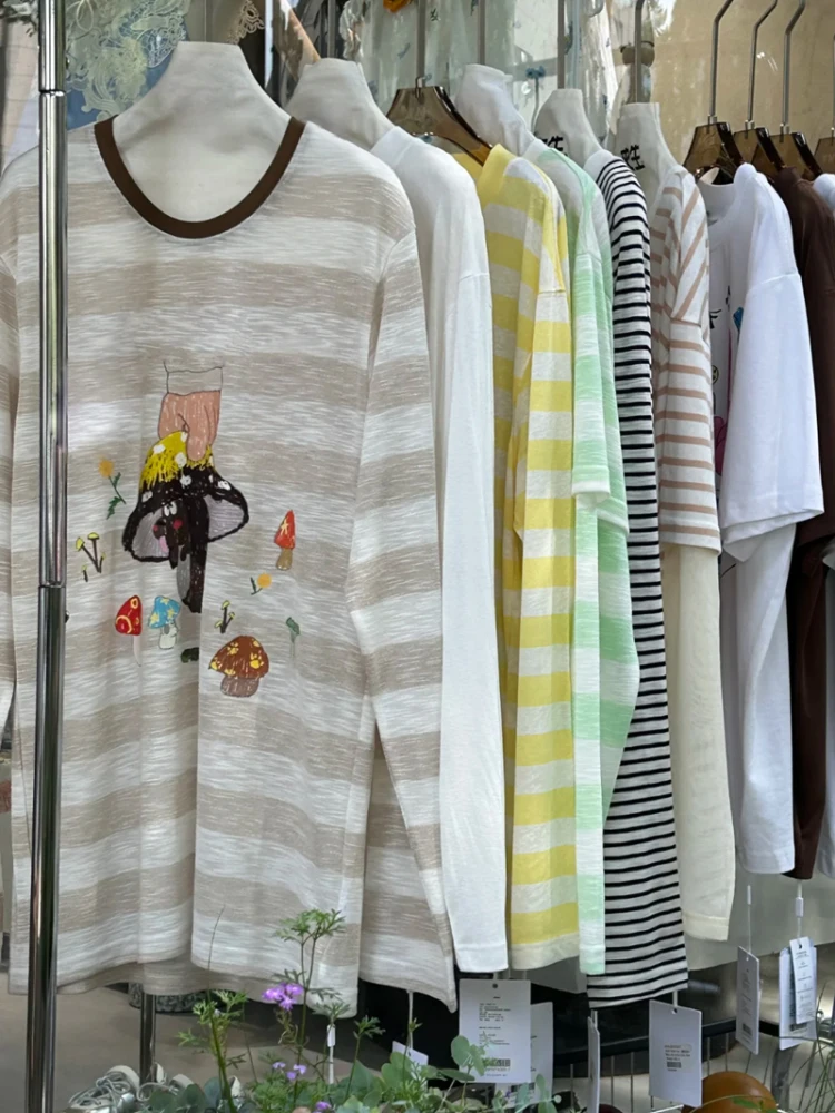 

Heidd Spring Summer New Loose Fit Long Sve round Ne Cartoon Print Lightweight T-irt Women's Faion Cotton Tee