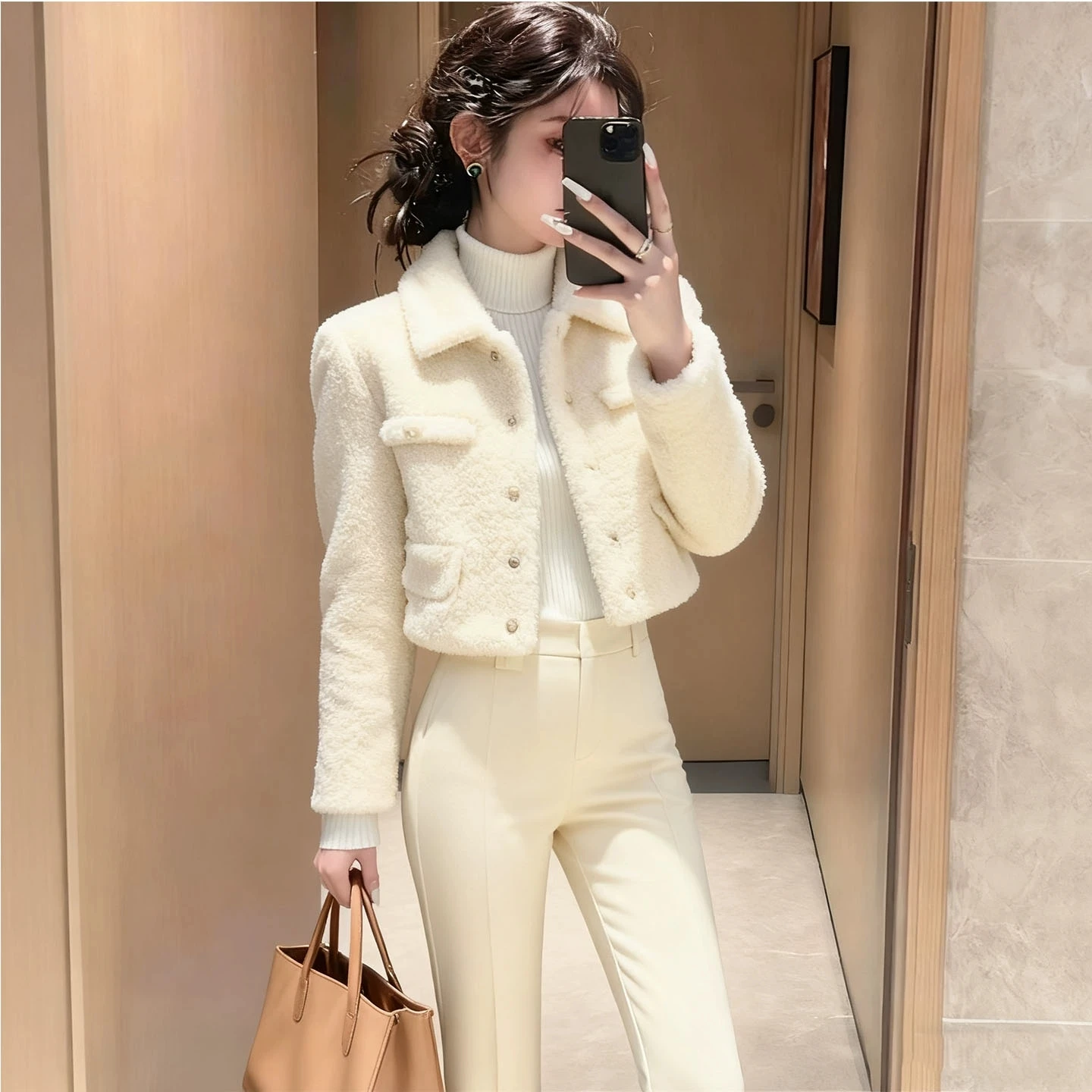 Women's Elegant White Lamb Wool Short Coat Autumn 2026 Lapel Top High-End Casual Outwear with Long Sleeves All-match Luxury Clot