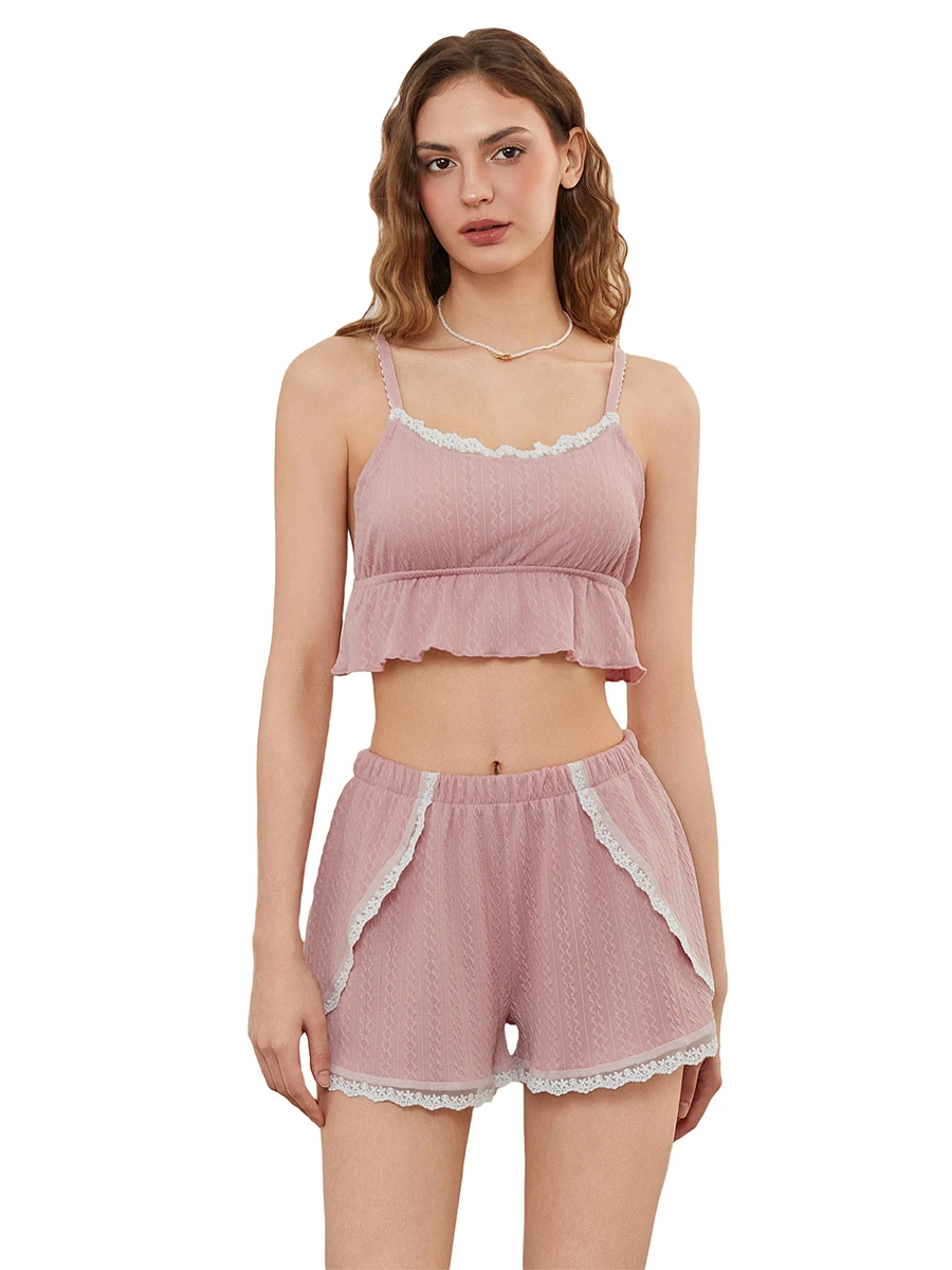 

Women 2 Piece Y2k Pajama Set Sleeveless spaghetti straps Trim Cami Top Shorts Strip Sets Sleepwear Loungewear