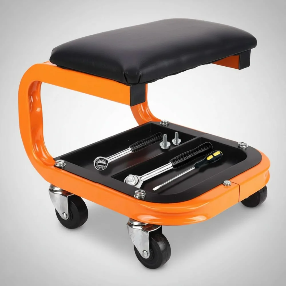 

Heavy Duty Rolling Shop Stool with Wheels, 400LBS Capacity Mechanics Chair, Tool Tray & Comfort Cushion for Garage