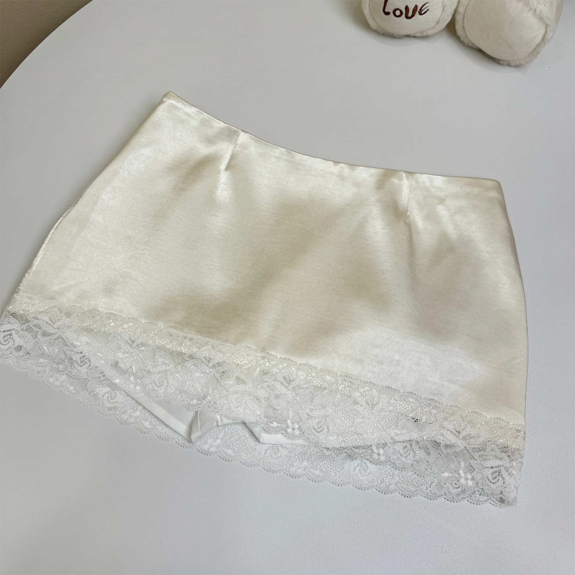 Women's Summer Elegant Satin Lace Patchwork Short Skirt Lady Solid Color Mid Waist A Line Mini Skirt