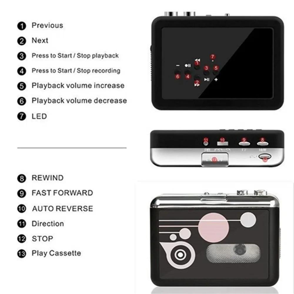 Máquina de casete portátil Walkman, reproductor de Audio, transcripción de cinta, disco U a formato MP3 estéreo, convertidor USB, salida de auriculares 5V