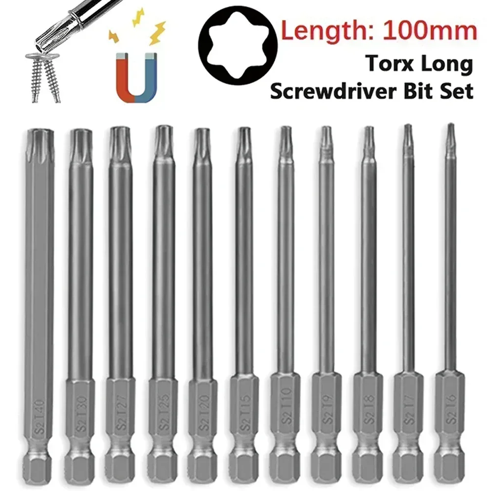 Hex Shank Magnetic Head Torx Screwdriver Alloy Steel Bit 100mm T7/8/9/10/15/20/25/27/30/40 Security Tamper Proof Star