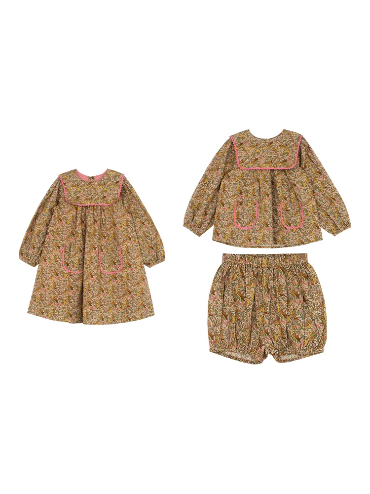 2024 Vintage Flower Printed Girl Dress Peacock Animal Printing Girls Dresses Cotton Comfortable Children Clothing Top Shorts Set