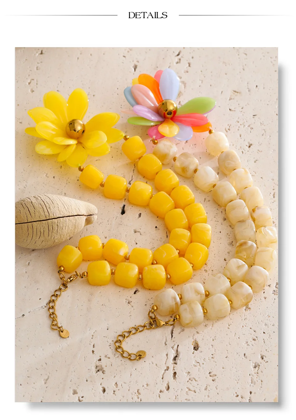 Yhpup Bunte gelbe Acrylharz-Perlenkette mit Blumenanhänger, Statement-Halskette, wasserfest, handgefertigt, Neuheiten, Schmuck – Detail 7
