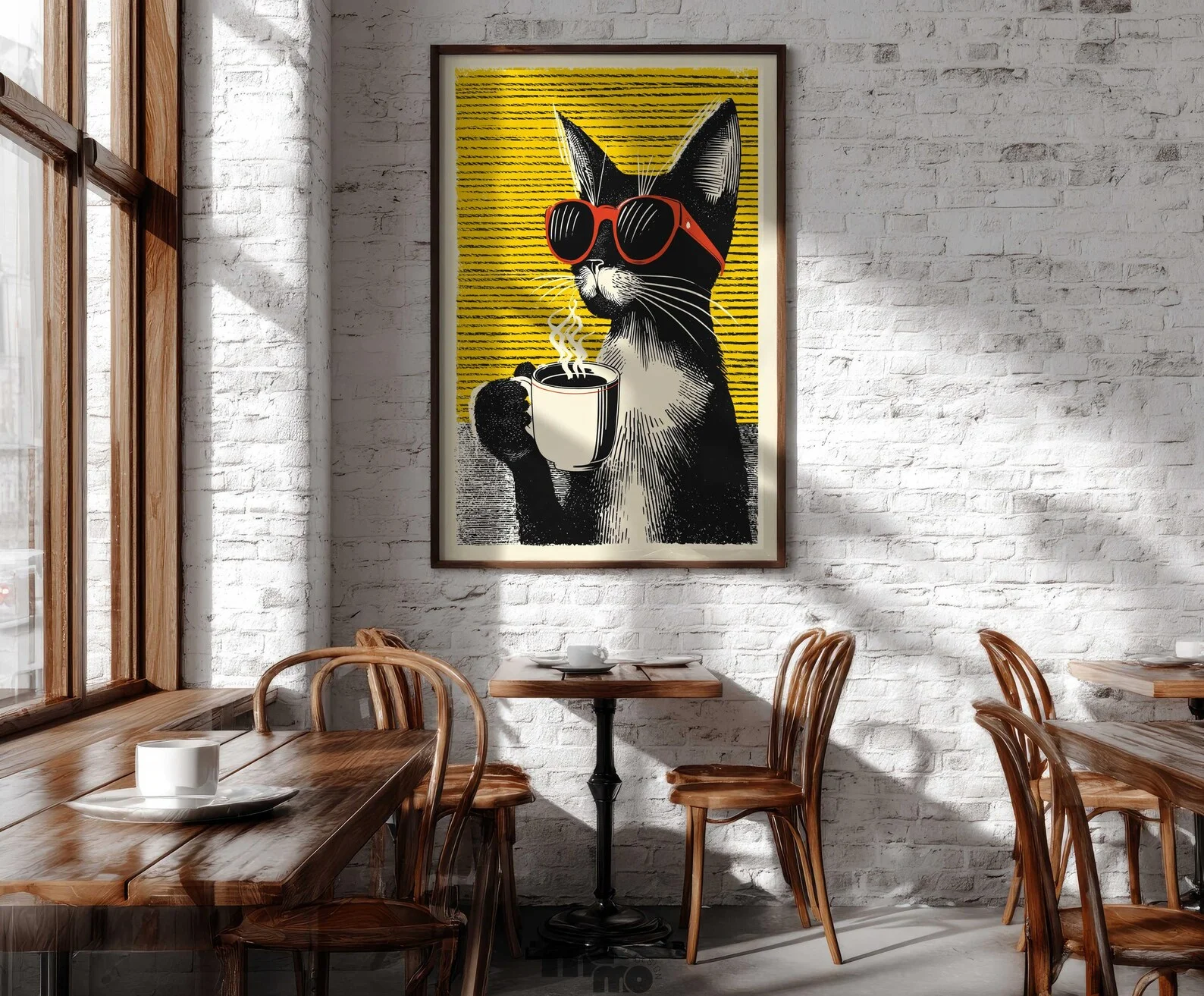 Cool Cat Drinking Coffee Wall Art, Funny Cat with Red Sunglasses Vintage Pop Art, Quirky Pet Premium Matte Paper Poster for Cat