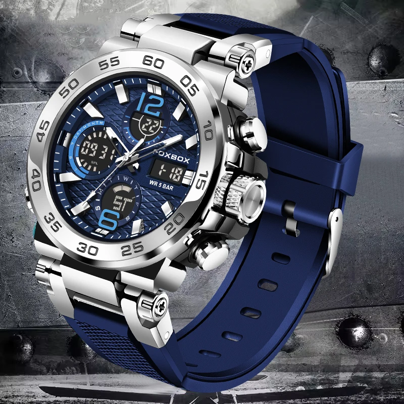 

FOXBOX Fashion Dual Display Watch Men Casual Sports Waterproof Men Quartz Watch Silicone Luminous Analog Digital Watches For Men