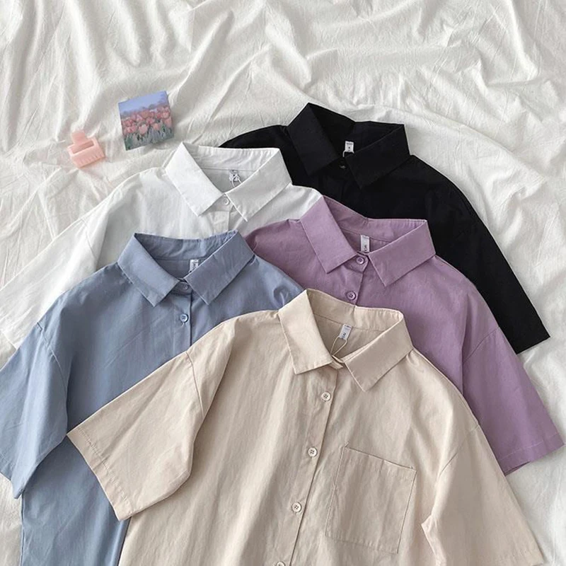 Solid Color Loose Casual Women Shirts 2022 New Summer Turn Down Collar Short Sleeve Korean Style All-Matched Female Blouse S-4XL