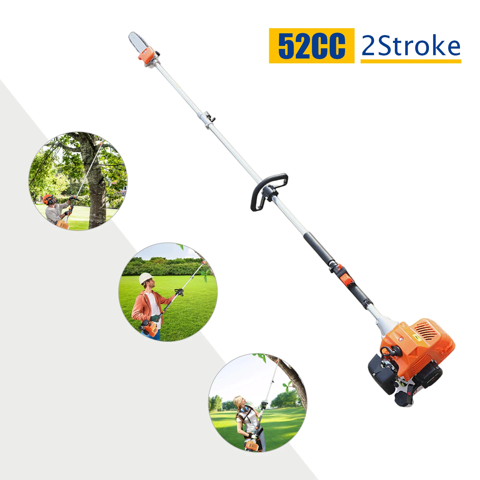 Gás posto Chain Pole Saw, Tree Trimmer, 3 HP, 2 Curso Polo, 6500RPM, 52CC