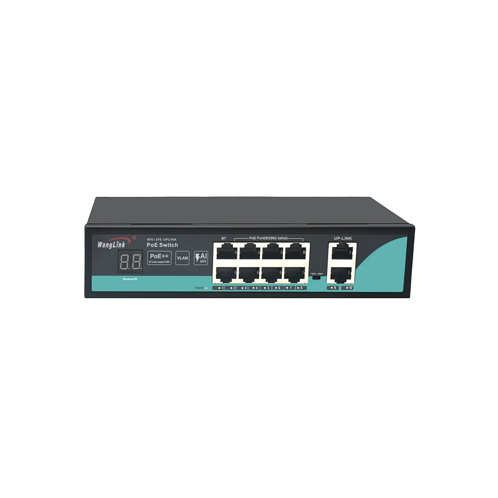 Wanglink PoE Switch 8 Port PoE 2*100M OEM AI + 6KV POE Switch with Digital Tube Display for Security CCTV Camera