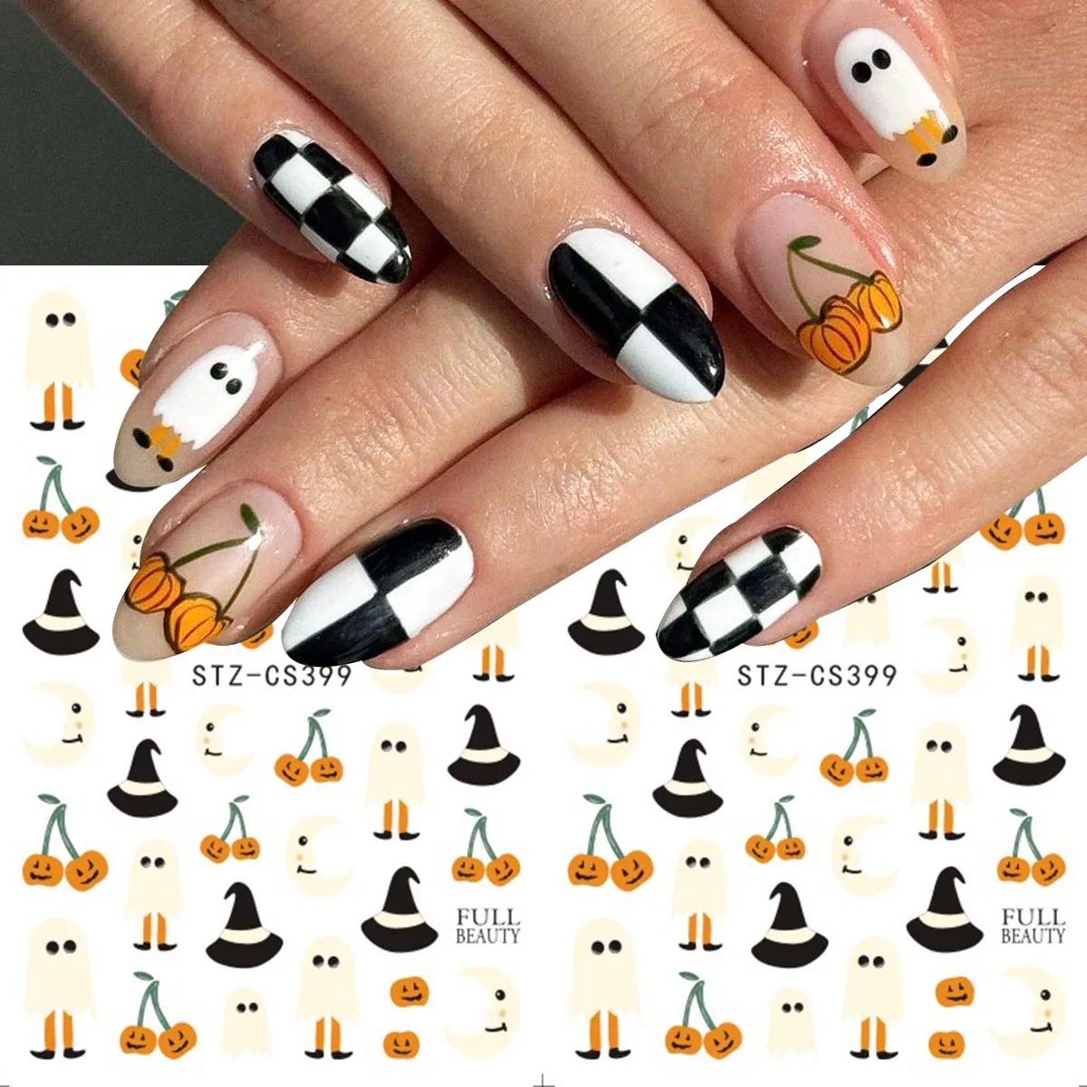 2 Stück niedliche Cartoon-Halloween-Nagelaufkleber, kleiner Geist, Kirsche, Kürbis, Halbmond-Design, selbstklebende Aufkleber