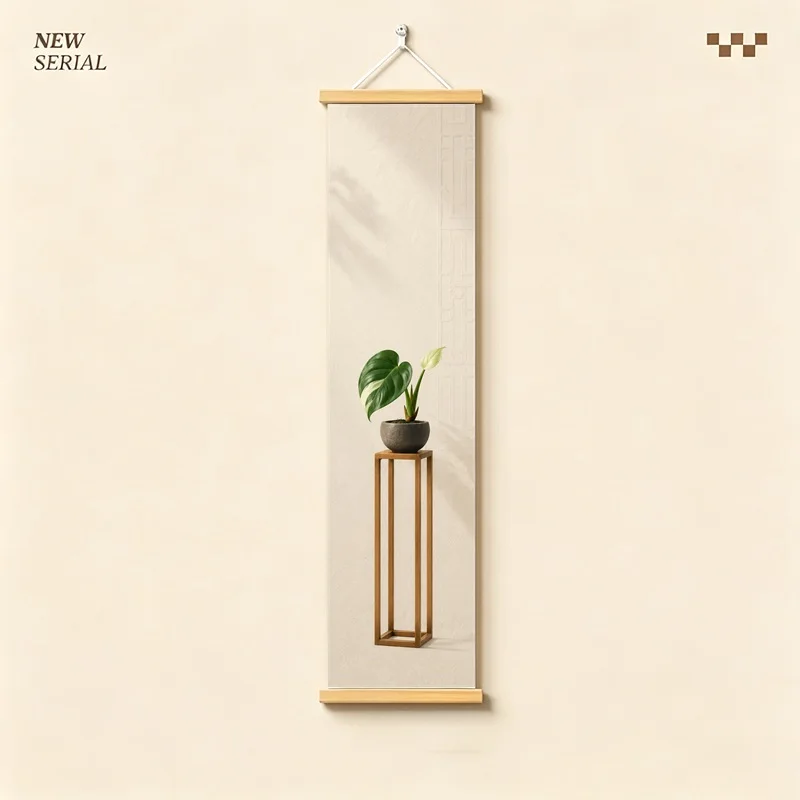 Green Leaf Wall Art 4-Panel Climbing Plant Pot Scroll Set on Beige Silver Shimmer Canvas for Fresh Minimalist Office Decor