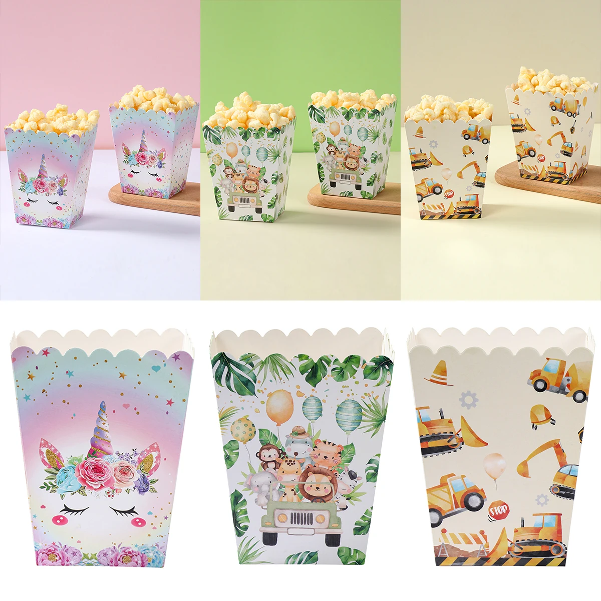 Jungle Animal Construction Vehicle Unicorn Popcorn Boxes Happy Birthday Party Decoration Kids Party Supplies Gifts Popcorn Box