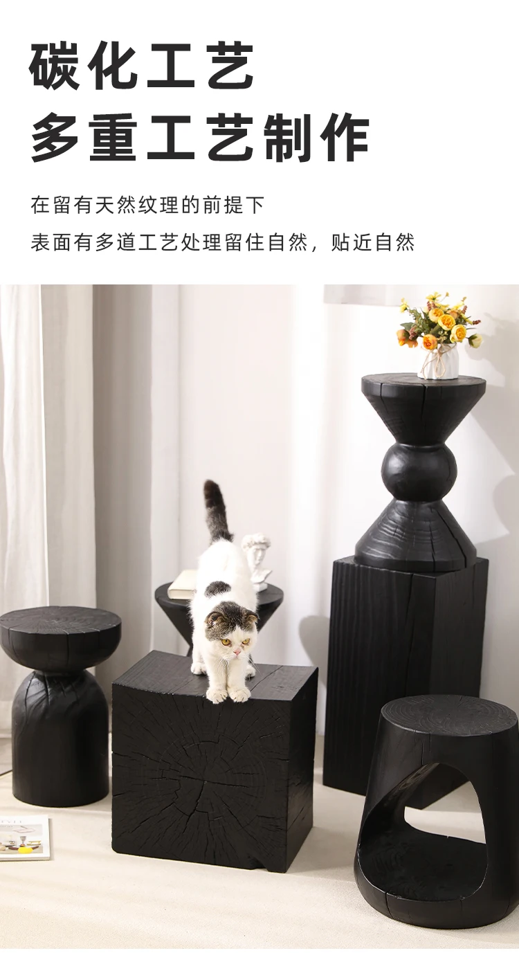 Wabi-Sabi Charred Wood Side Table Handcrafted Tree Stump Stool with Natural Texture Bedside Coffee Table for Home Decor