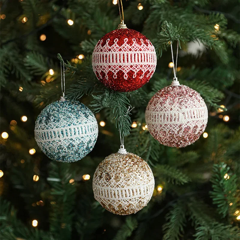 8CM Christmas Foam Ball Lace Gold Pink Ball Xmas Tree Glitter Pendant Hanging Ornament 2025 Navidad Natal New Year Decoration