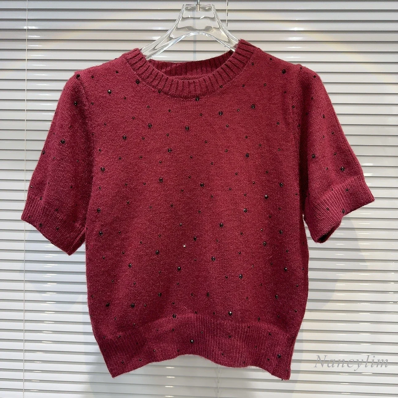 2024 Autumn Short-Sleeved Sweater New Classic Style Rhinestone Design Solid Color Short Pullover Sweaters for Women Jumper Femme