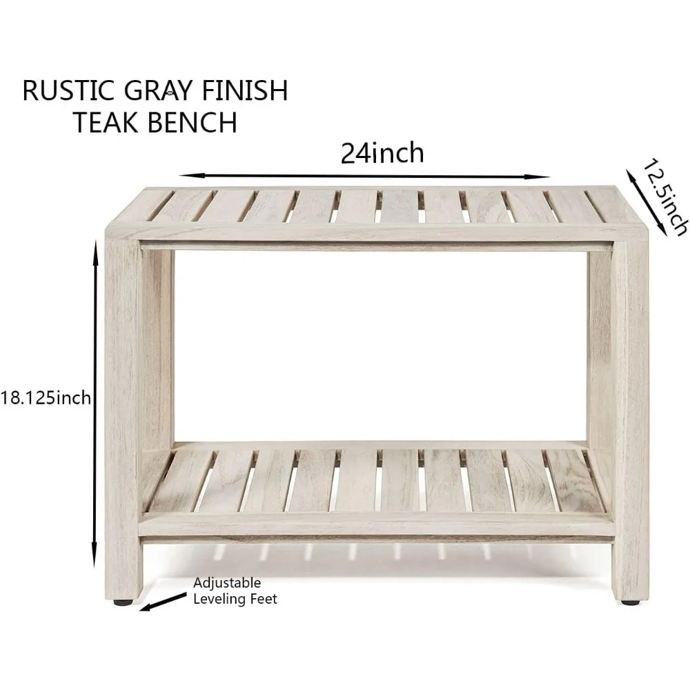 Teak Shower Bench with Shelf 24 Inch for Bathroom, Spa - Fully Assembled, Shower Stool, Rustic Gray Finish, Bathroom Stool