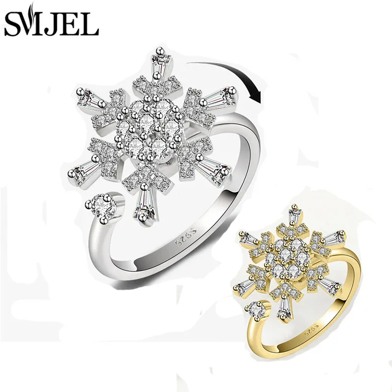 Spinning Snowflake Charm Anxiety Rings for Women Luxury Crystal Spinner Fidget Ring Christmas Rotating Rings Anti Stress Jewelry