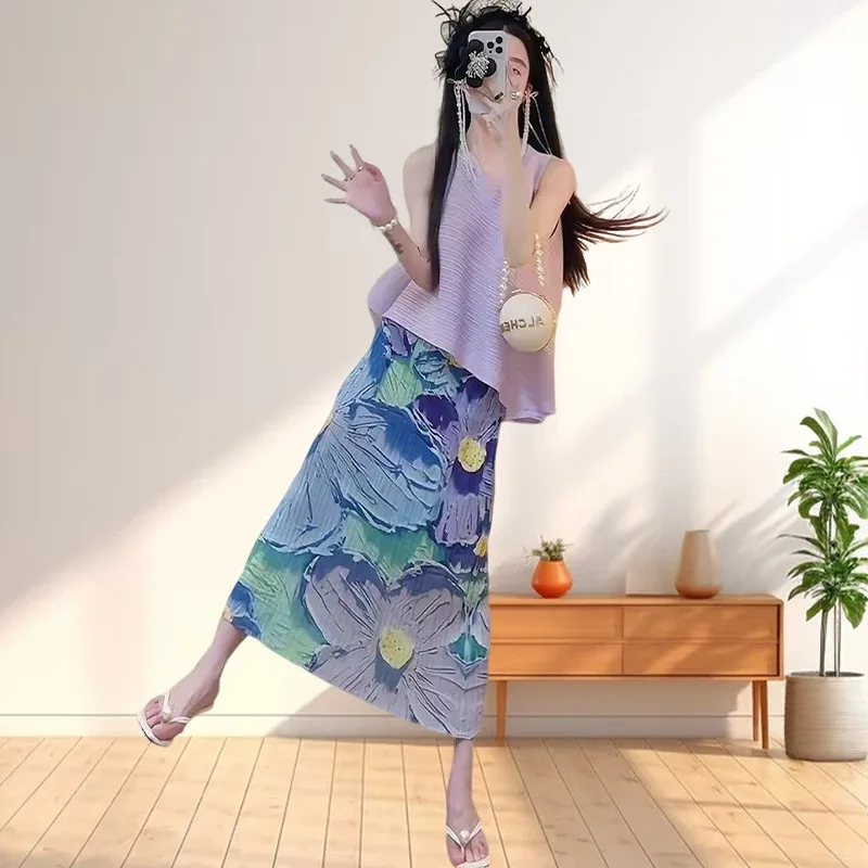 

Miyake Summer Temperament Gentle Women's Suit Elegant Loose Peplum Top Fashion Printing Pleated Stretch Half Skirt 2-piece Set