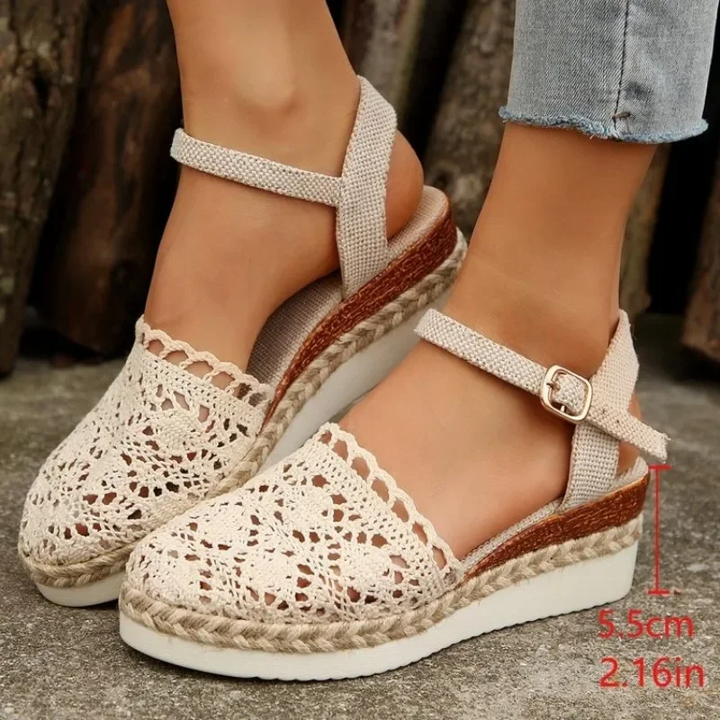 Summer Grass Woven Slope Heel High Heel Lace Sandals Ankle Strap 2024 New Simple and Fashionable Linen Woven Cross Strap