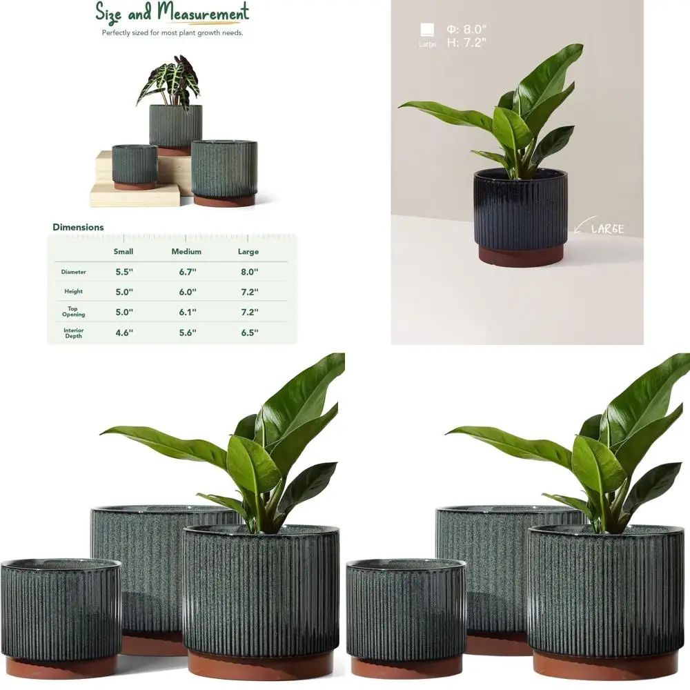 

Set of 3 LE TAUCI Striped Planters, 8, 6.7, 5.5, Drainage, Indoor/Outdoor, Reactive Glaze Black