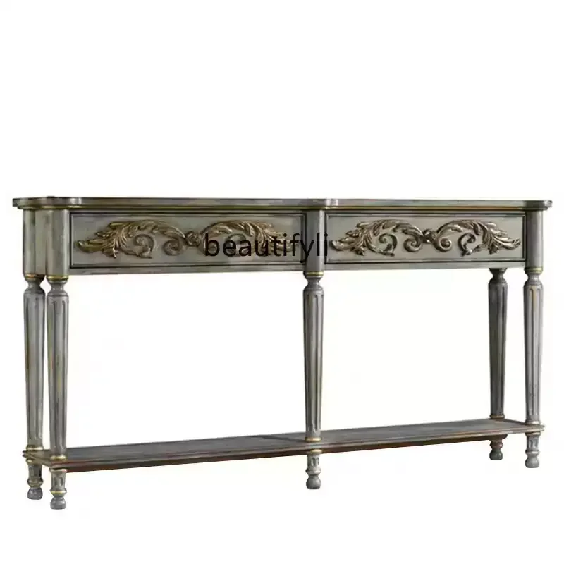 

American solid wood carving flower entrance table retro foyer entrance cabinet sofa decoration cabinet