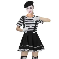 French Mime Artist Cosplay Costume Women Silent Actor Mimic Clown Black & White Striped Halloween Theme Party Outfits Takerlama
