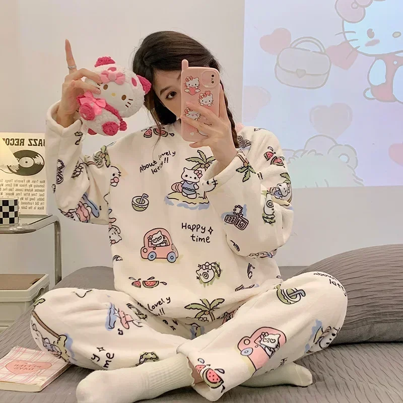 Sanrio Anime HelloKitty Pajamas Kawaii Kuromi My Melody Flannel Pullover Coral Velvet Winter Thick Loose Pajamas Girl Gifts