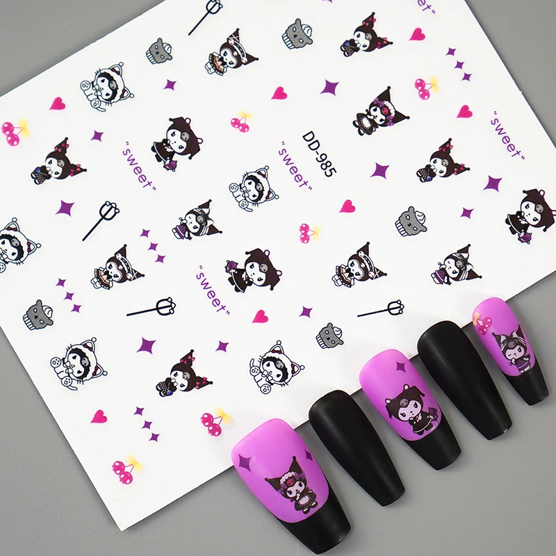 1 Sheet Sanrio Kuromi 3D Nail Art Stickers Nail Decals For Nails Embossed Kuromi Manicure Animation Design DIY Happy Accessories