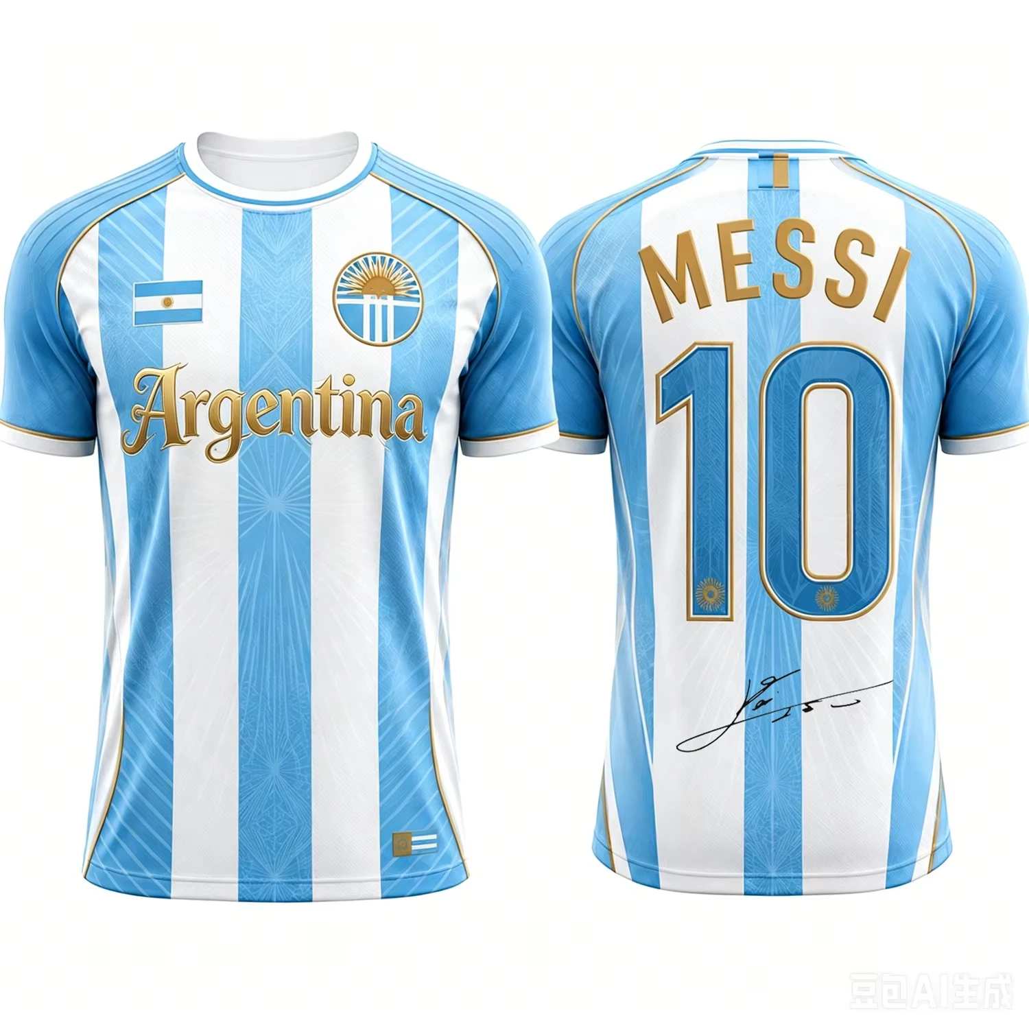 Messi No.10 Argentina Sun Flag Sky Blue White Stripe Print Short Sleeve Soccer Jersey For Men Youth Kids Quick Dry Sport Tee