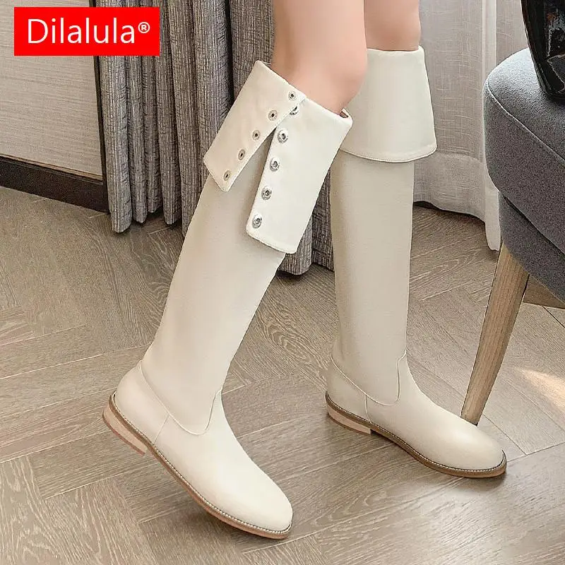 Dilalula Punk Fashion Metal Women Over The Knee High Boots Low Heels Genuine Leather Shoes Woman Four Season Tight High Boots