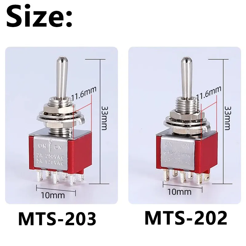 1PCS/5 PCS,Toggle Switch,6MM,Red,6Pin,MTS-202/203,Rocker Switches,2A/250V,5A/120V,ON-ON/ON-OFF-ON