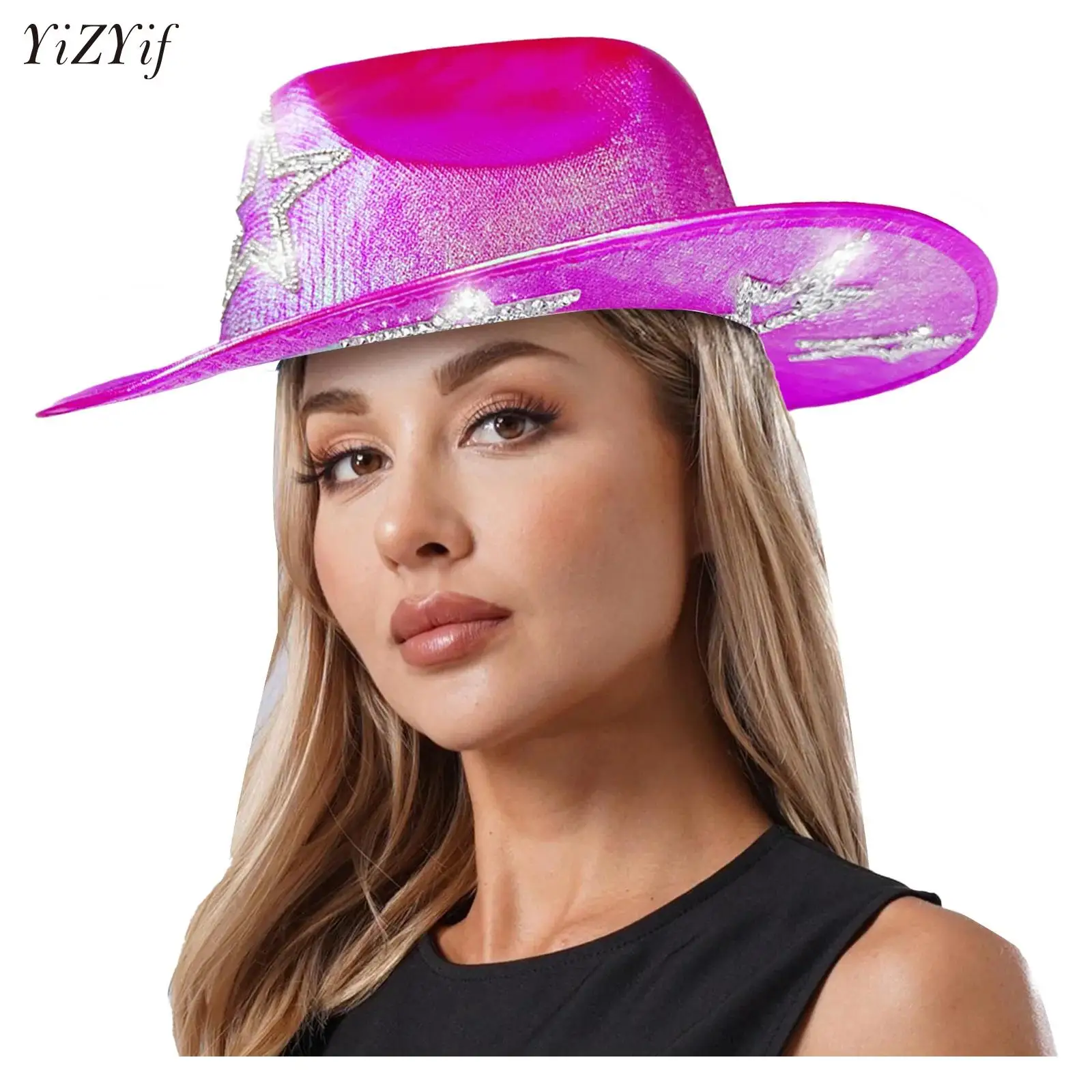 

Western Cowbay Hat Metallic Gloss Costume Cap Women Men Sequins Cowgirls Hat Rhinestones Star Hip Hop Jazz Dance Props Party Hat
