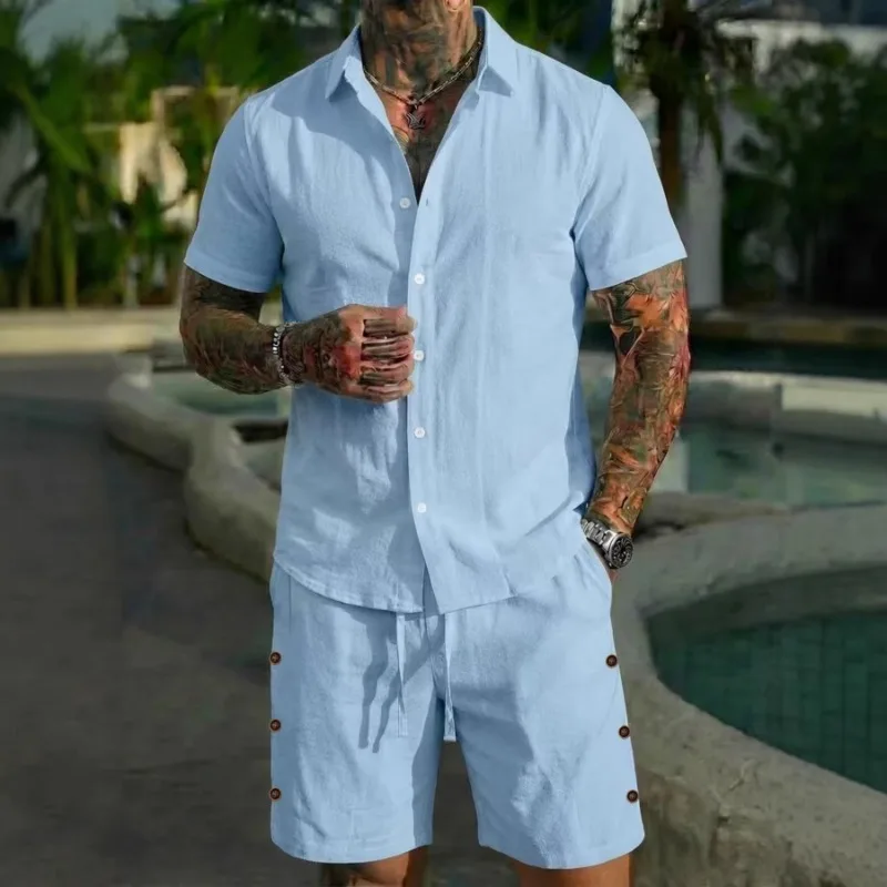 

Мужской комплект из 2 предметов: рубашка с коротким рукавом и шорты из текстурированного льна, повседневный пляжный наряд с возможностью выбора цвета
