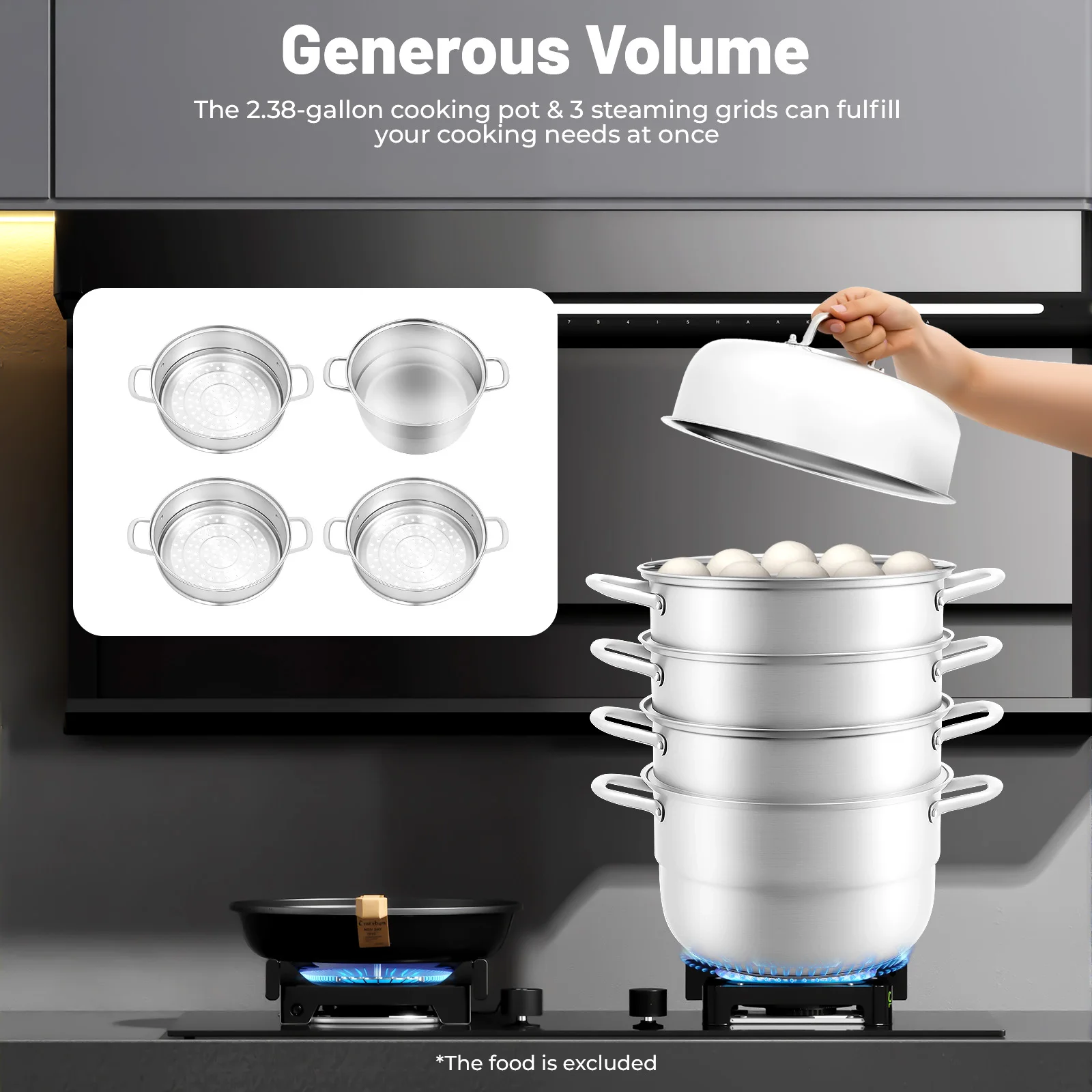 

Кастрюля для пароварки из нержавеющей стали 5 в 1, многослойная штабелируемая плита 9 л, совместимая с индукционной варочной панелью, для дома, кухни